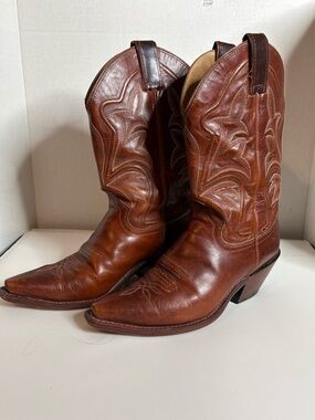 Justin Boots Brown Leather Western Heeled Cowboy Boots size 8 Rodeo Festival